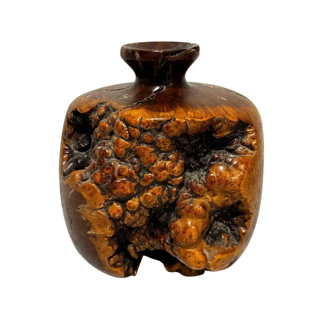 Raw edge burl wood bud vase shapely round natural organic mid century design
